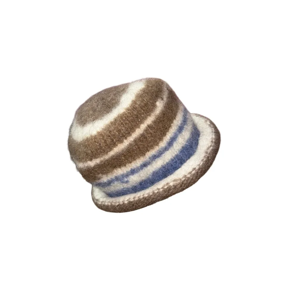 Vintage Striped Cloche Knit Bucket Style Hat Brown Blue White Cozy‎ Winter Fall